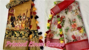 'Latest pure printed linen sarees with kalamkari and floral print  siri designers'