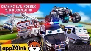 '#appMink kids cartoon – Police Car, Fire Truck & Garbage Truck Chasing Evil Bus'