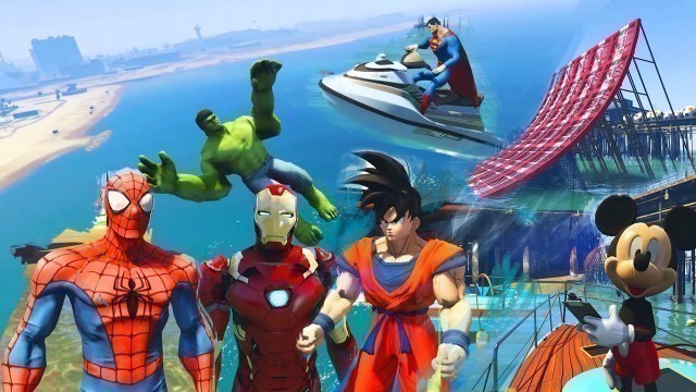 'SUPERHEROES Water Jumping Challenge on Jet Ski w Batman, Spiderman, Hulk'