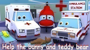 'Cartoons for kids about cars. Ambulance, helicopter, hospital ship. Help a hare and a teddy bear'