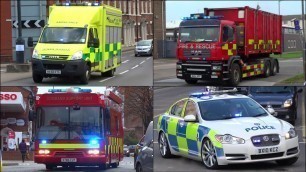 'Specialist Fire Trucks, Police Cars and Ambulance vehicles responding with siren and lights'