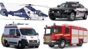 'Emergency Vehicles for kids, Learn Name and Sounds #PoliceCar, Fire Truck,Ambulance, Helicopter'