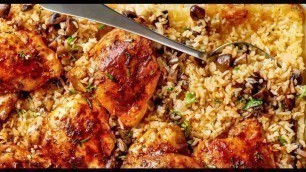 'Oven Baked Chicken And Rice With Garlic Butter Mushrooms'