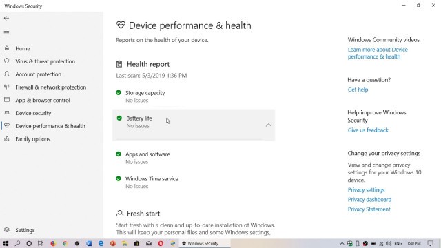 'Windows 10 Device health and performance battery life settings'