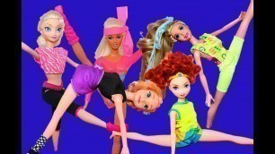 'Frozen Barbie Yoga Workout Class Elsa, Disney Princess Anna, Brave Merida, Rapunzel DisneyCarToys'