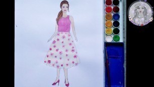 'Fashion illustration drawing tutorial for beginners||Easy fashion drawing ||watercolor fashion dress'