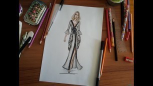 'Fashion Drawing : How to draw Silver dress with colors pencils'