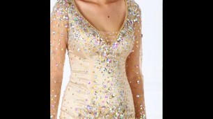 'Short V-Neck Rhinestone Dress with 3/4 Sleeves - Hebeos 2017 Prom & Homecoming'